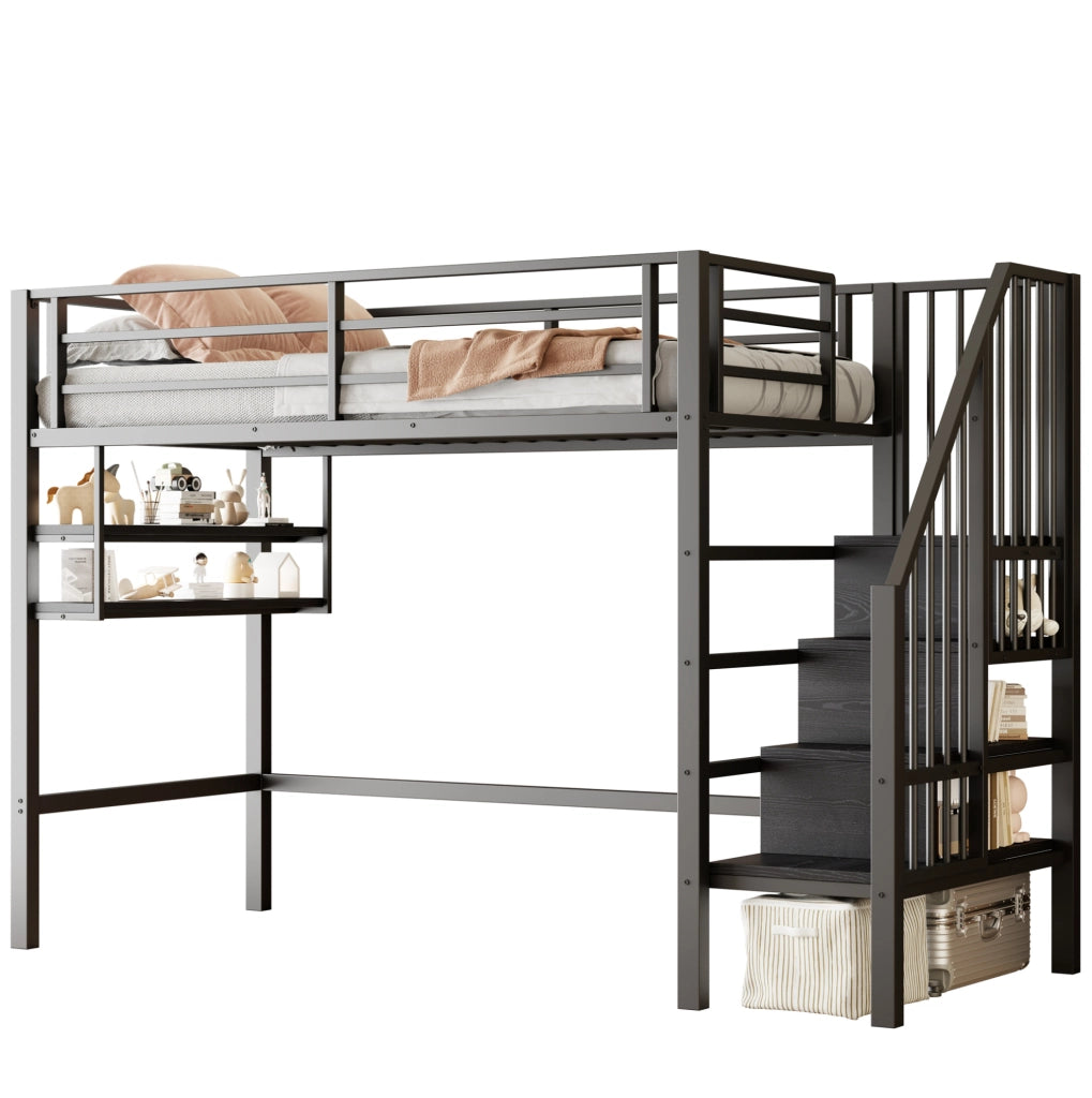 Letto a soppalco 90x200 cm con scaffali e scala contenitore in metallo e MDF nero