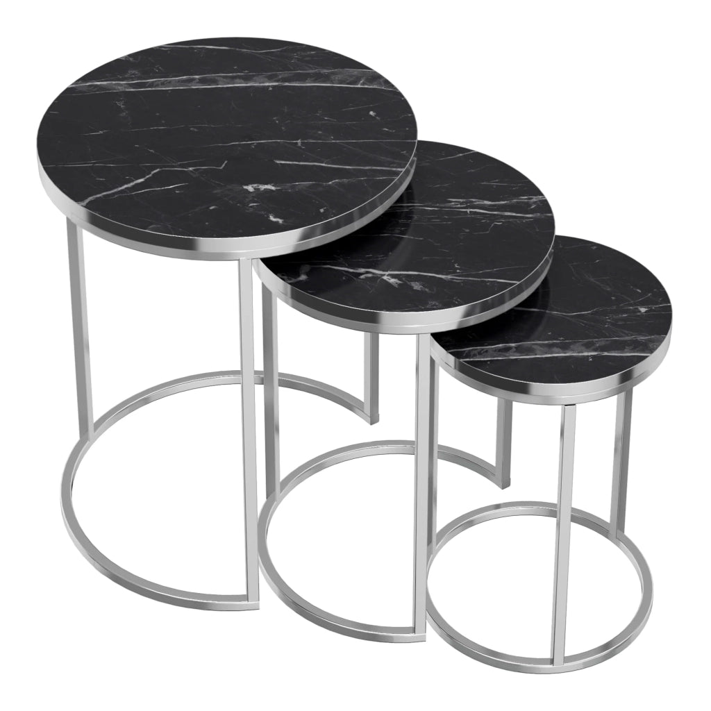 Set di 3 tavolini rotondi impilabili in marmo nero e argento 03_0008378