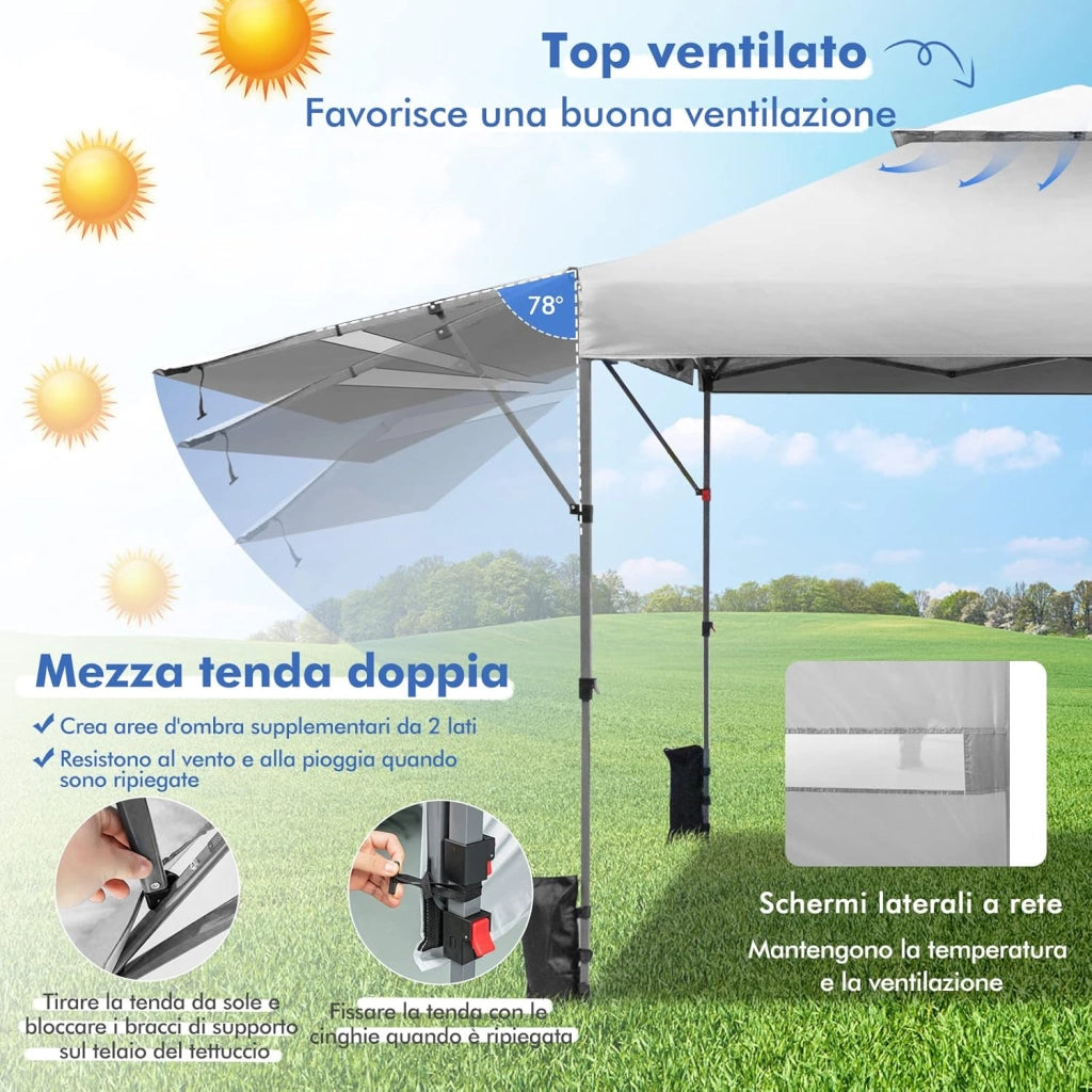 Gazebo Pieghevole da Giardino 3 x 3 m, Gazebo da Esterno con Design a Doppia Tenda, Design Pop Up e 4 Sacchetti di sabbia, Altezza Regolabile, Ideale per Feste, Giardino e Spiaggia (Bianco)