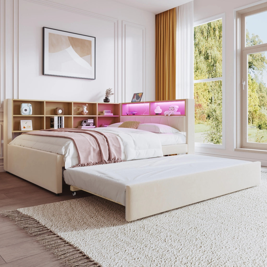 Divano letto beige 140x200 cm con letto estraibile 90x190 cm, LED e ricarica USB-C