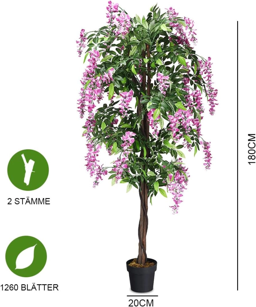 Pianta artificiale Wisteria, albero artificiale con foglie e 2 tronchi, fiori artificiali in vaso, piante decorative, 180 cm