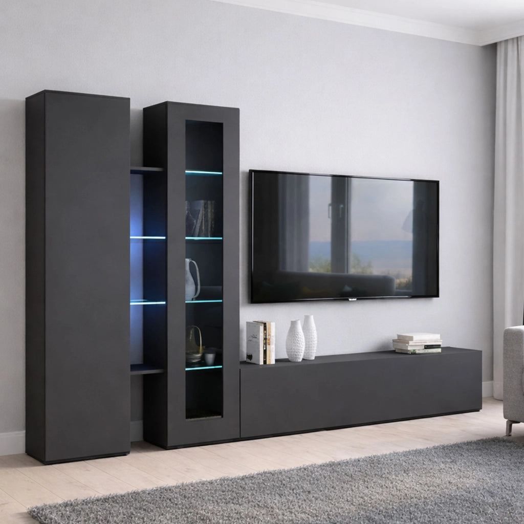 Mobile Soggiorno Arin, Parete Attrezzata 13 Ripiani Made in Italy, 280x30x180h cm Nero Antracite