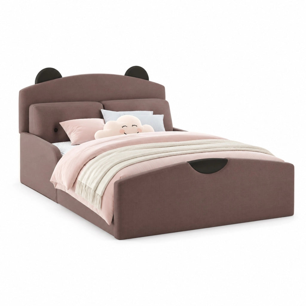 Letto imbottito 140x200 cm con testiera a orso e 2 cuscini in lino caffè