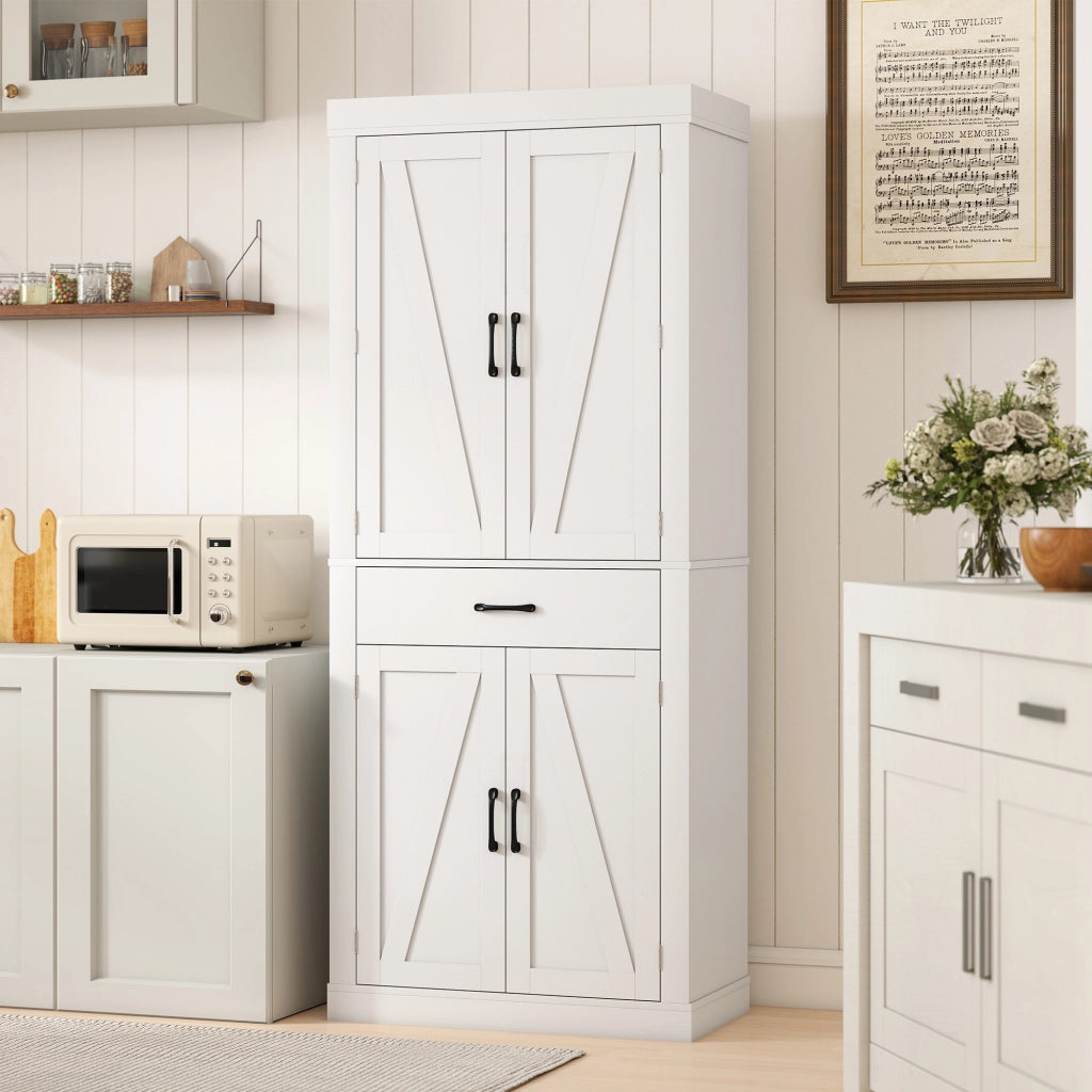 Dispensa Cucina in Stile Country 76x39,5x183,5 cm con 2 Armadietti 6 Ripiani e Cassetto in Legno Bianco