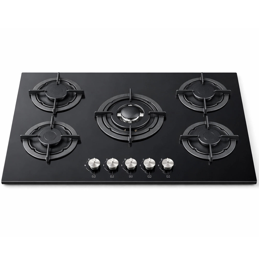 Piano Cottura a Incasso a Gas 5 Fuochi Vetroceramica Nero 90cm Valvola Sicurezza