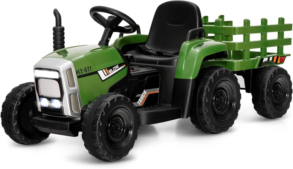 Trattore con Rimorchio Cavalcabile per Bambini 12V, Trattore Elettrico Telecomandato, con Luci e Suoni, 30kg, 3+ Anni (Verde Scuro)