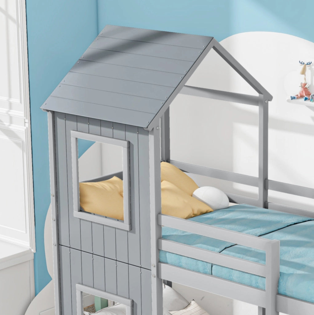 Letto a castello per bambini 90x200 cm in pino e MDF; grigio; con sponde di sicurezza