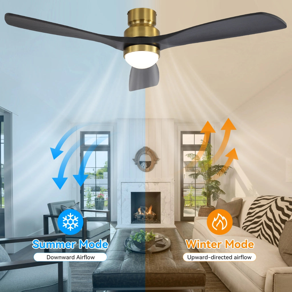 Ventilatore da soffitto reversibile con LED dimmerabile; motore DC; telecomando; legno oro