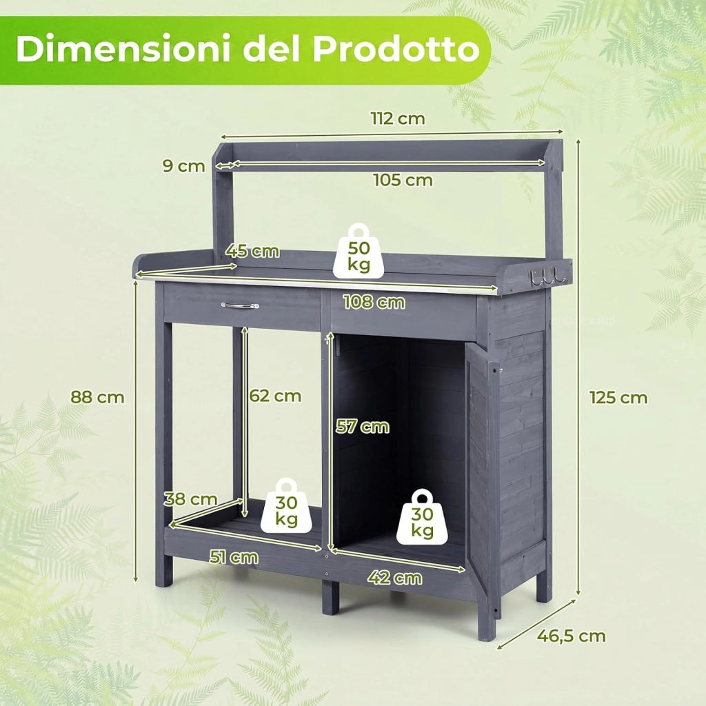 Tavolo da Giardinaggio in Legno con Piano in Acciaio (Grigio) | Tavolo per Piante con Ripiani Aperti, Armadietto, Cassetto e 3 Ganci, Banco da Lavoro per Giardino e Balcone, 112x46,5x125 cm