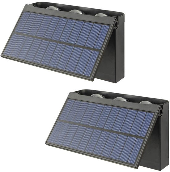 Set a doppio di 6 lampadine LED da parete alimentate da energia solare per giardino, illuminazione di atmosfera, illuminazione di recinzione e luce calda.
