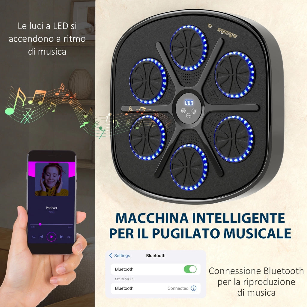 Boxing Machine Musicale a Parete con 9 Velocit¨¤, Connessione Bluetooth e Guanti, 41.8x44.6x7.5 cm, Nero e Blu