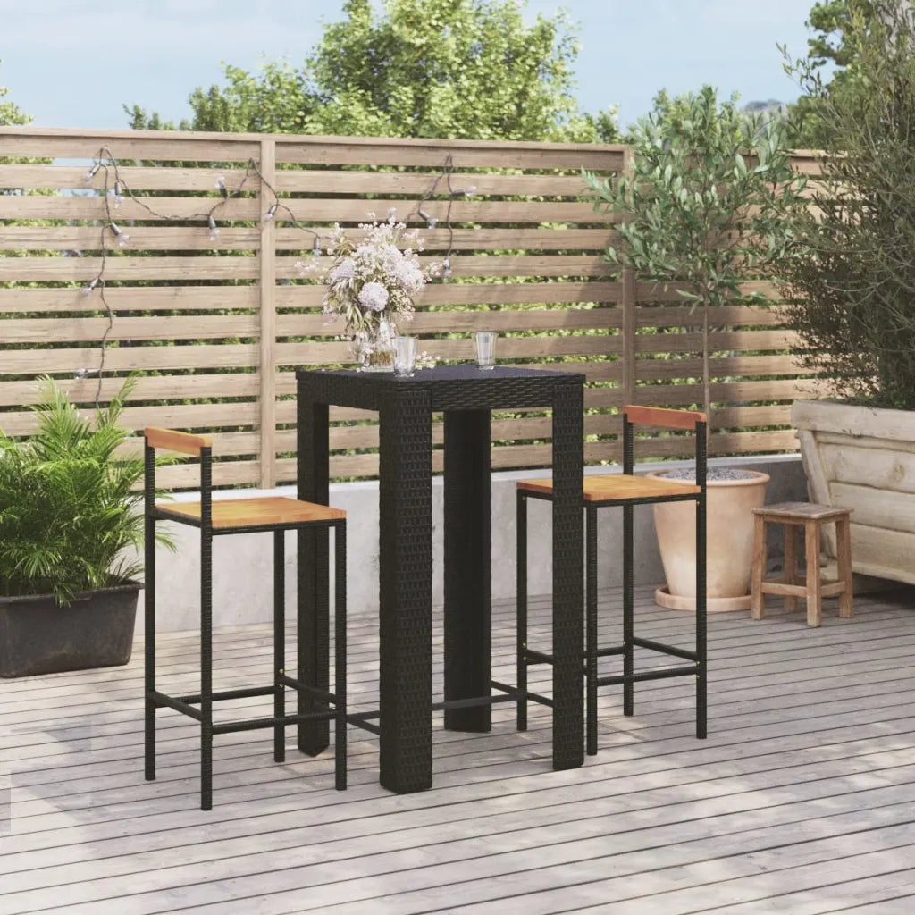 Set Bar Giardino 3 pz Nero Polyrattan e Legno Massello Acacia 3187710