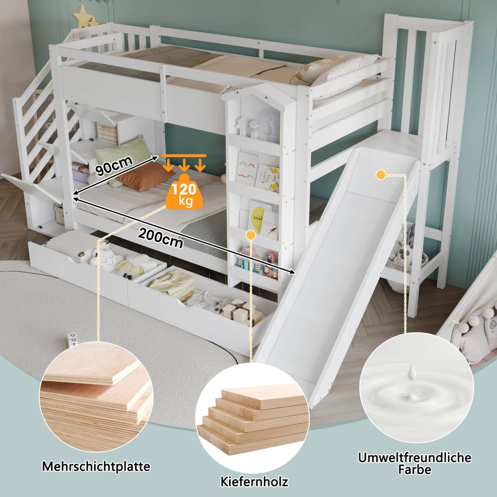 Letto a Castello 90x200 cm - Scivolo; Scaffale e 2 Cassetti - in Legno e MDF - Bianco