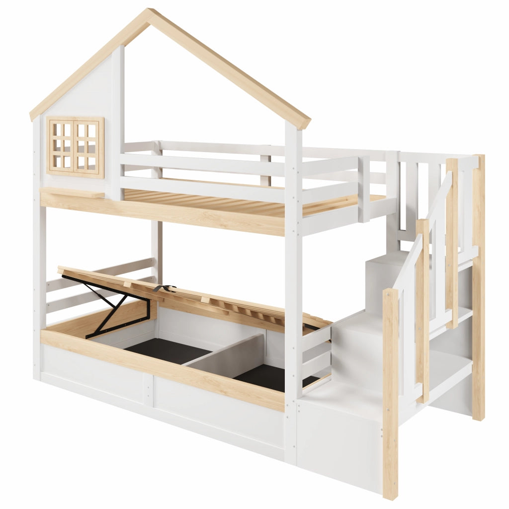 Letto a castello 90x200 cm in pino e MDF con vano contenitore idraulico, stile casa, bianco e naturale