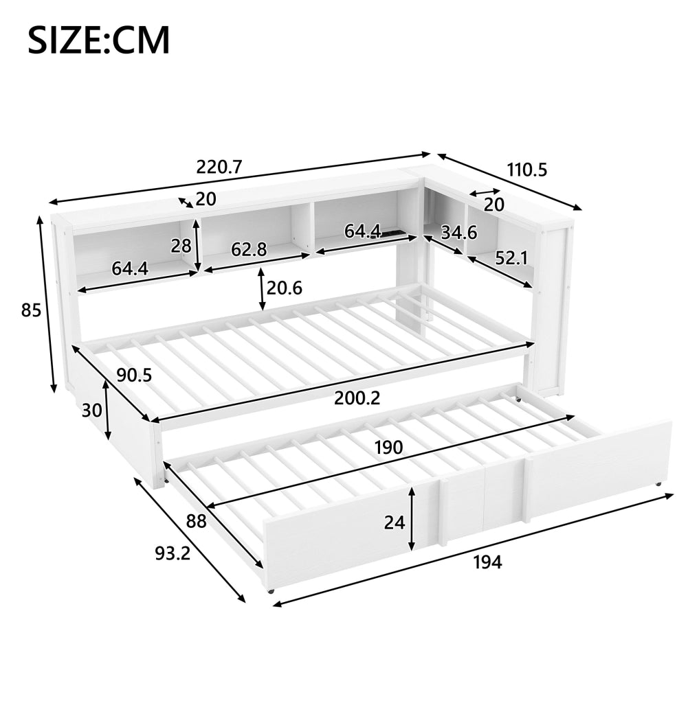 Letto 90x200 cm con letto estraibile; vani portaoggetti; LED e USB in metallo e MDF bianco