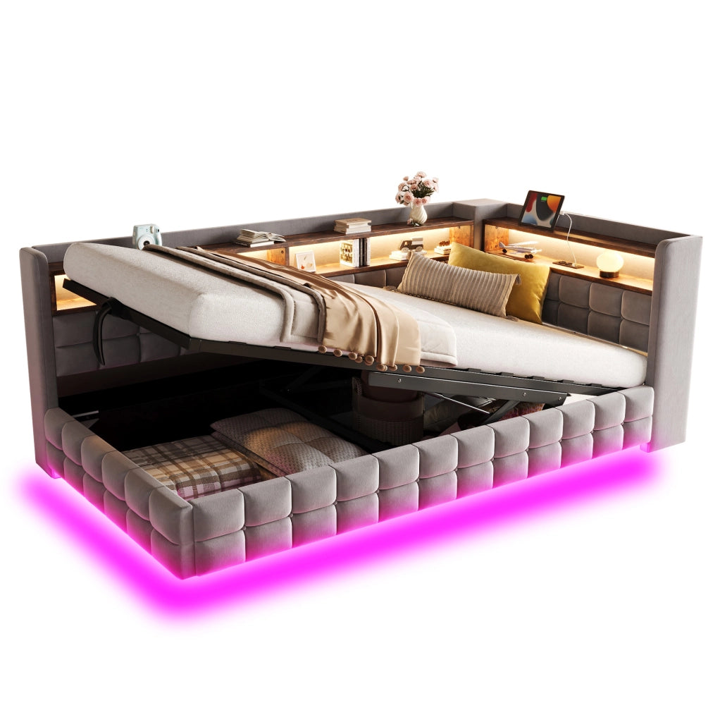 Divano letto imbottito 90x200 cm con contenitore idraulico; LED; USB; presa e mensole in legno; grigio chiaro