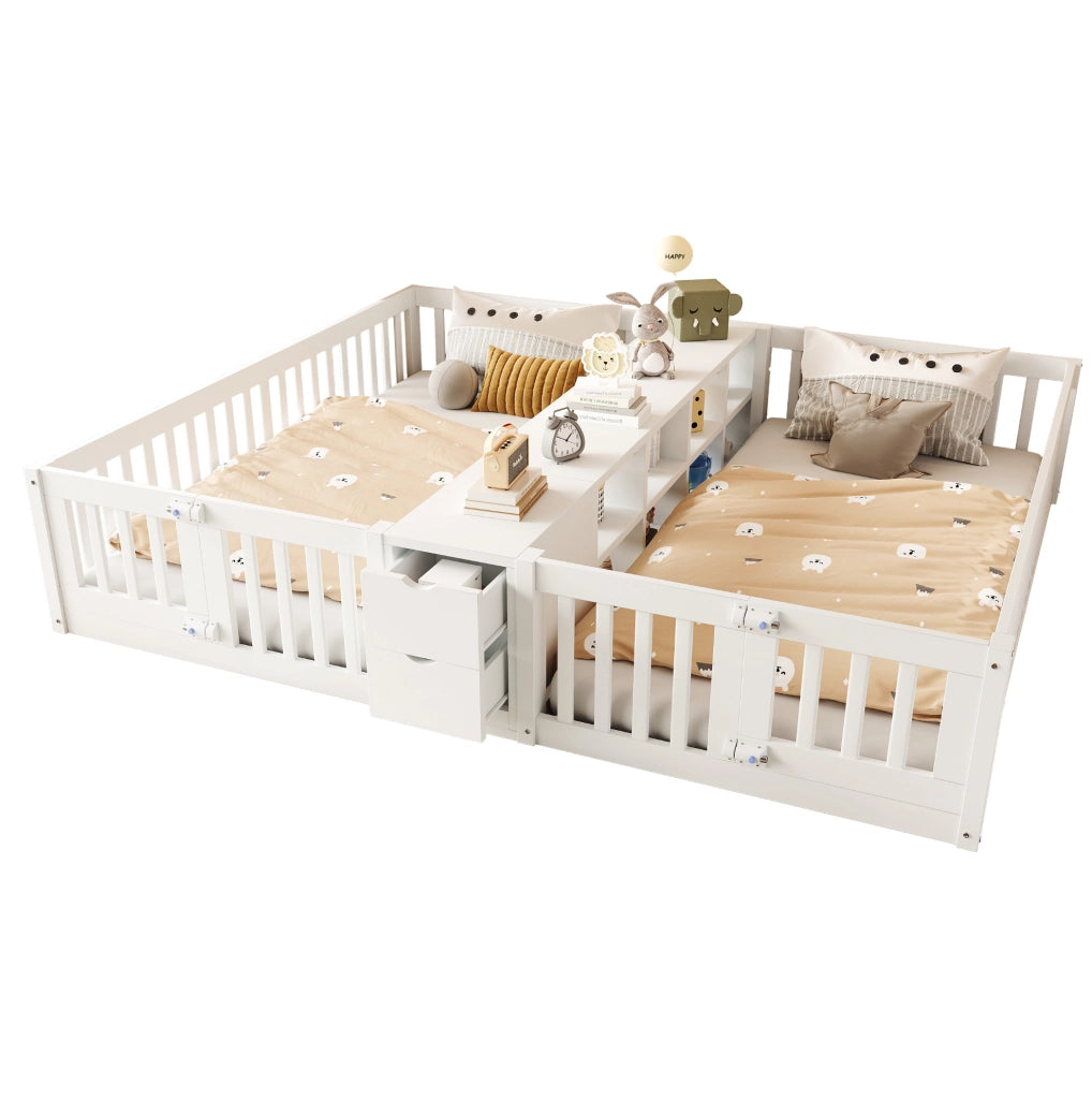 Letto per bambini doppio 90x200 cm in legno con scaffale centrale e 2 cassetti; bianco