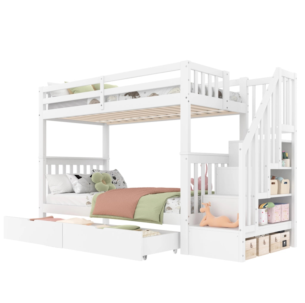 Letto a castello 90x200 cm con scala contenitore; 2 cassetti; sponde alte; bianco