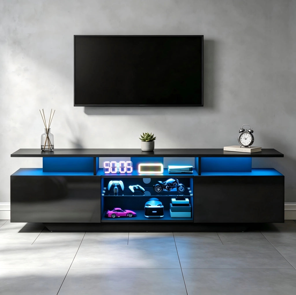Mobile TV nero con LED controllabile via app, 160x40x45 cm, 2 ante e 8 ripiani