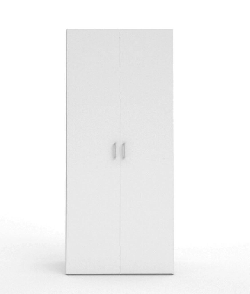 Armadio guardaroba a due ante battenti con due ripiani interni e barra Alibabba, colore bianco, Misure 77 x 175 x 49 cm