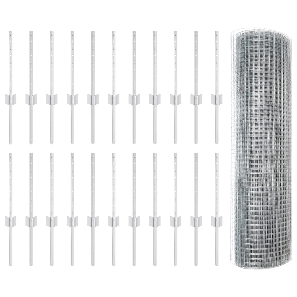 Recinzione in Filo Saldato con 22 Pali Argento 0.4x50 m Acciaio