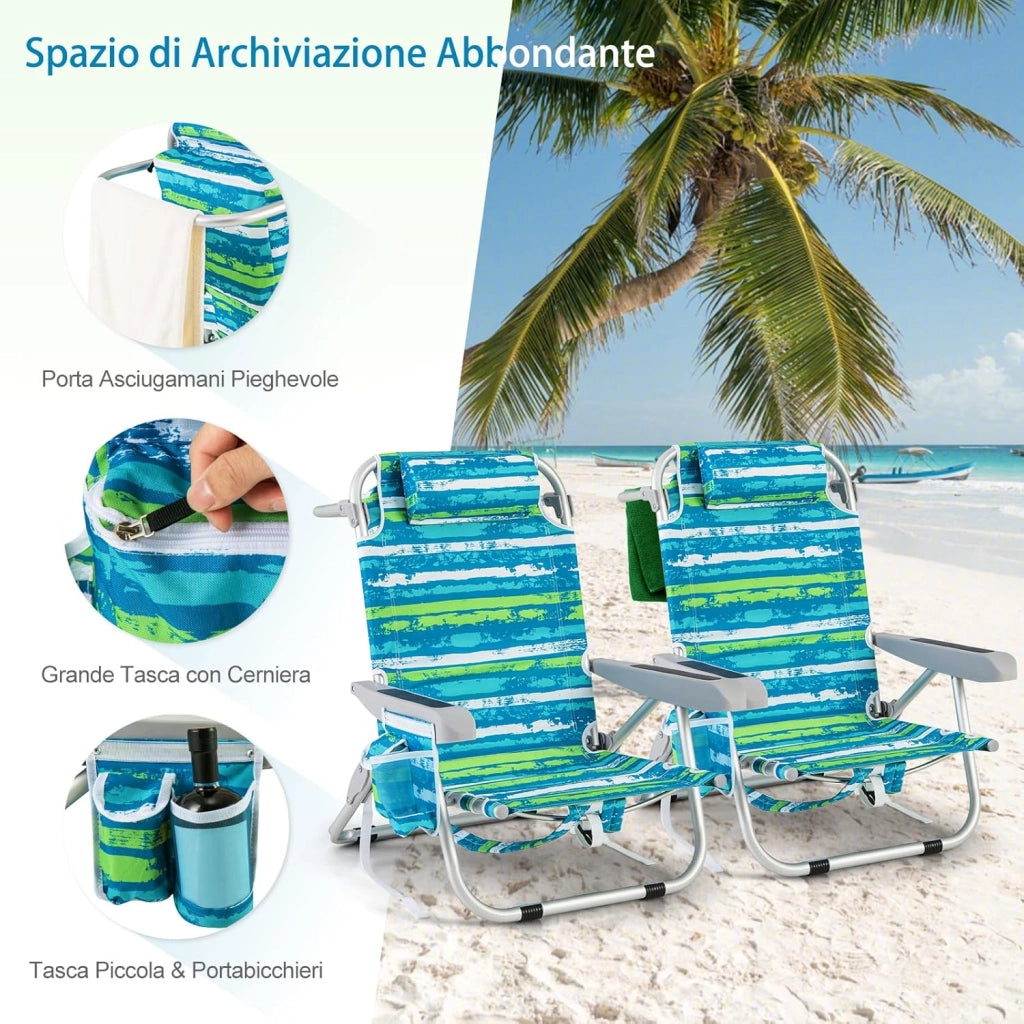 Sedia da Spiaggia, Sdraio Pieghevole a 5 Posizioni con Portabicchieri, Poltrona da Spiaggia con Cuscino per Testa e Zaino, Sedia da Campeggio Portatile, Portata 150 kg (Blu e Verde,1)