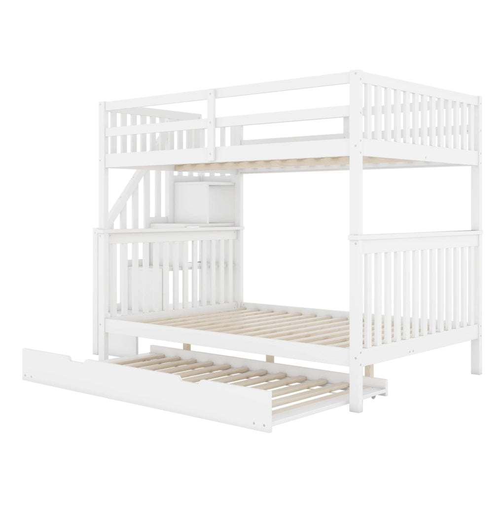 Letto a castello 140x200 cm con letto estraibile e scala con ripiani; bianco; in pino e MDF