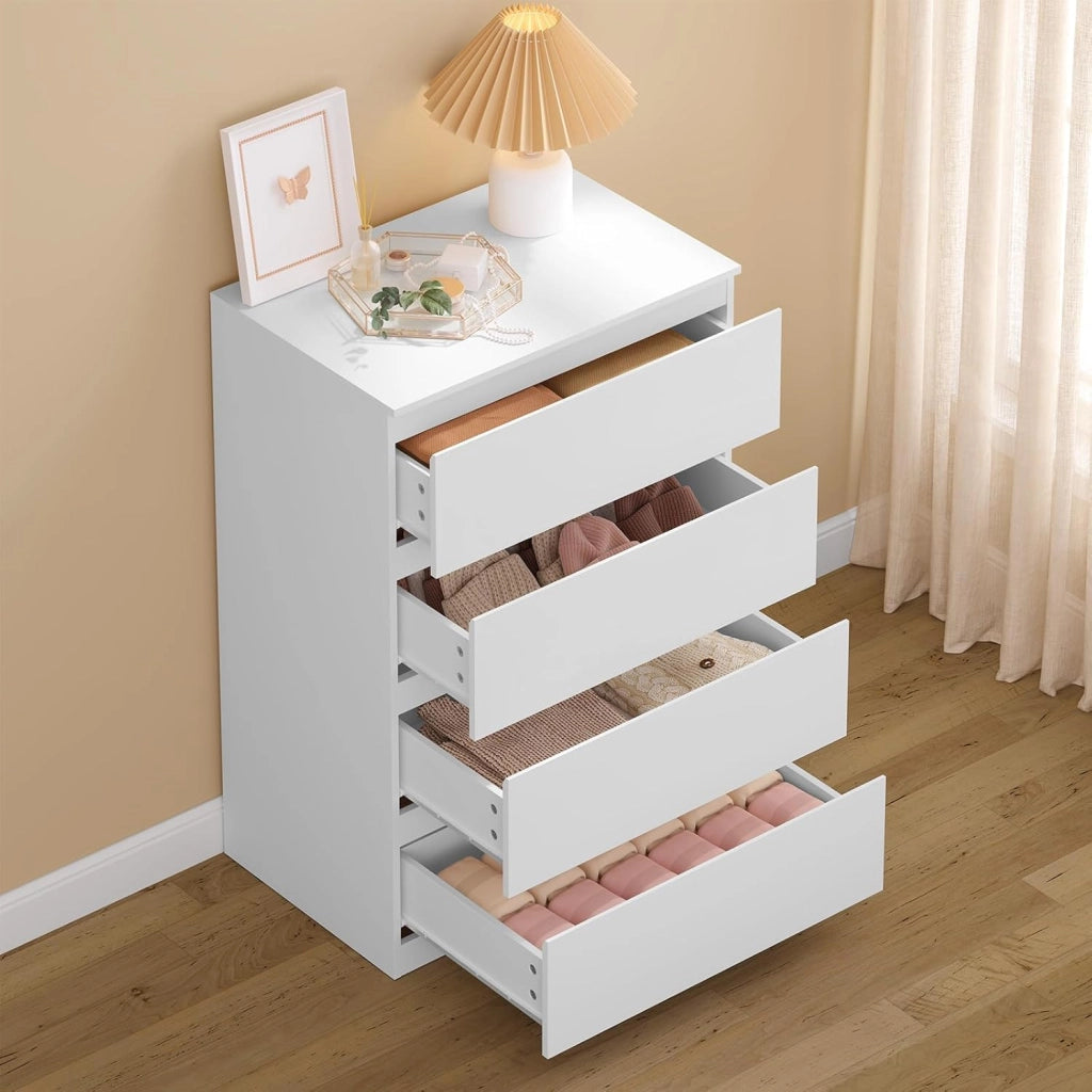 Comò Bianco per Camera da Letto, Cassettiera 4 Cassetti in Legno, Mobile Contenitore per Soggiorno o Ingresso, Dimensioni 60x40x90 cm, KMD004ws