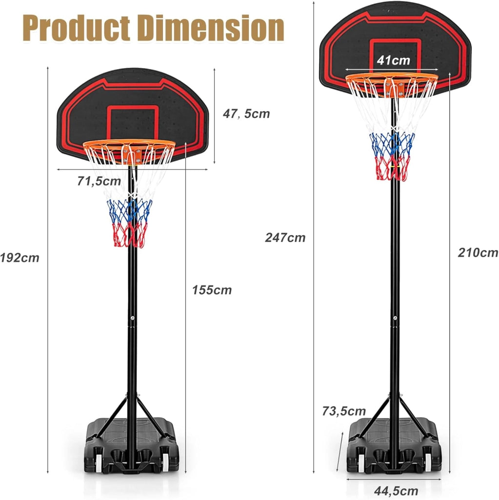 Canestro Basket per Esterno in HDPE, 5 Livelli di Altezza Regolabile 155-210 cm, Supporto da Basket Portatile con Ruote, Base, Pallacanestro per Interni, per Bambini e Adulti