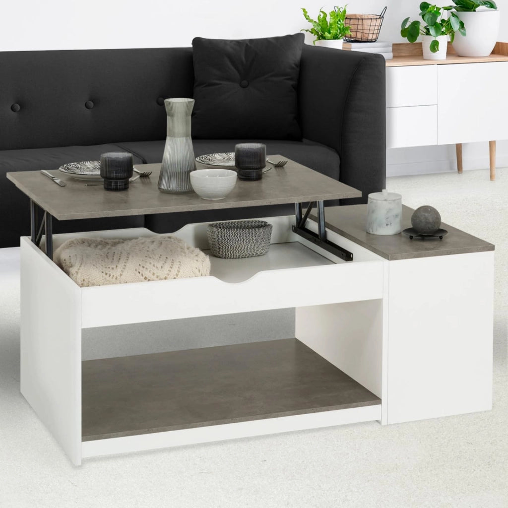 Tavolino ELEA rettangolare alzabile con cassa in legno bianco ed effetto cemento