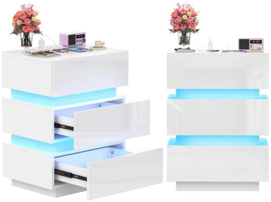 Nachtkastino LED con alta luminosità, 2 porte e 2 porte USB, 3 prese, comodino con 16L