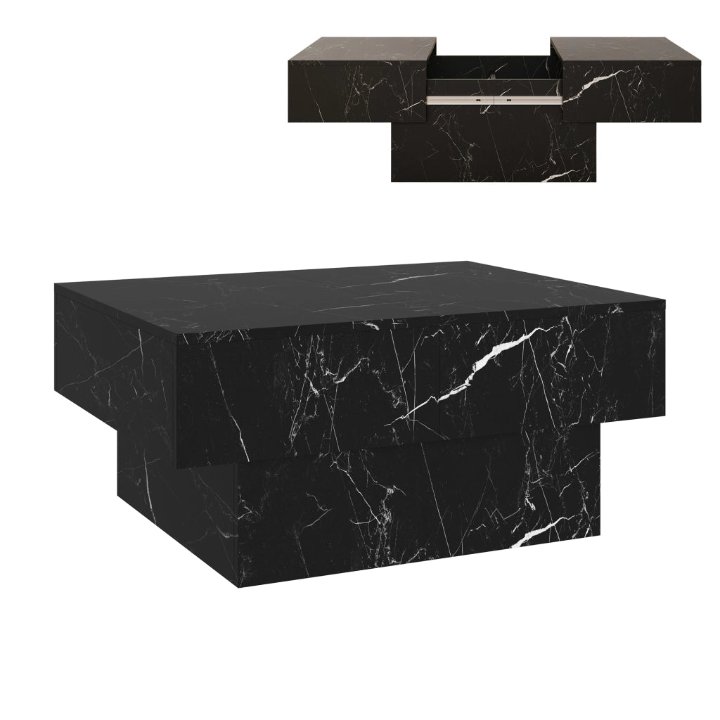Tavolino Centrale Lens da Salotto con Piano Scorrevole 80 x 60 x 36 cm - Effetto Marmo Nero [en.casa]