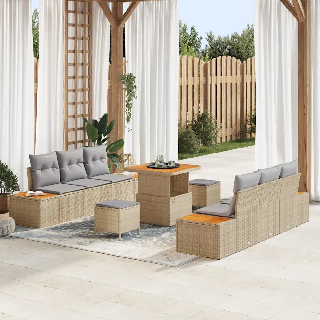 Set Divano da Giardino con cuscino 9 pcs Beige Poly Rattan