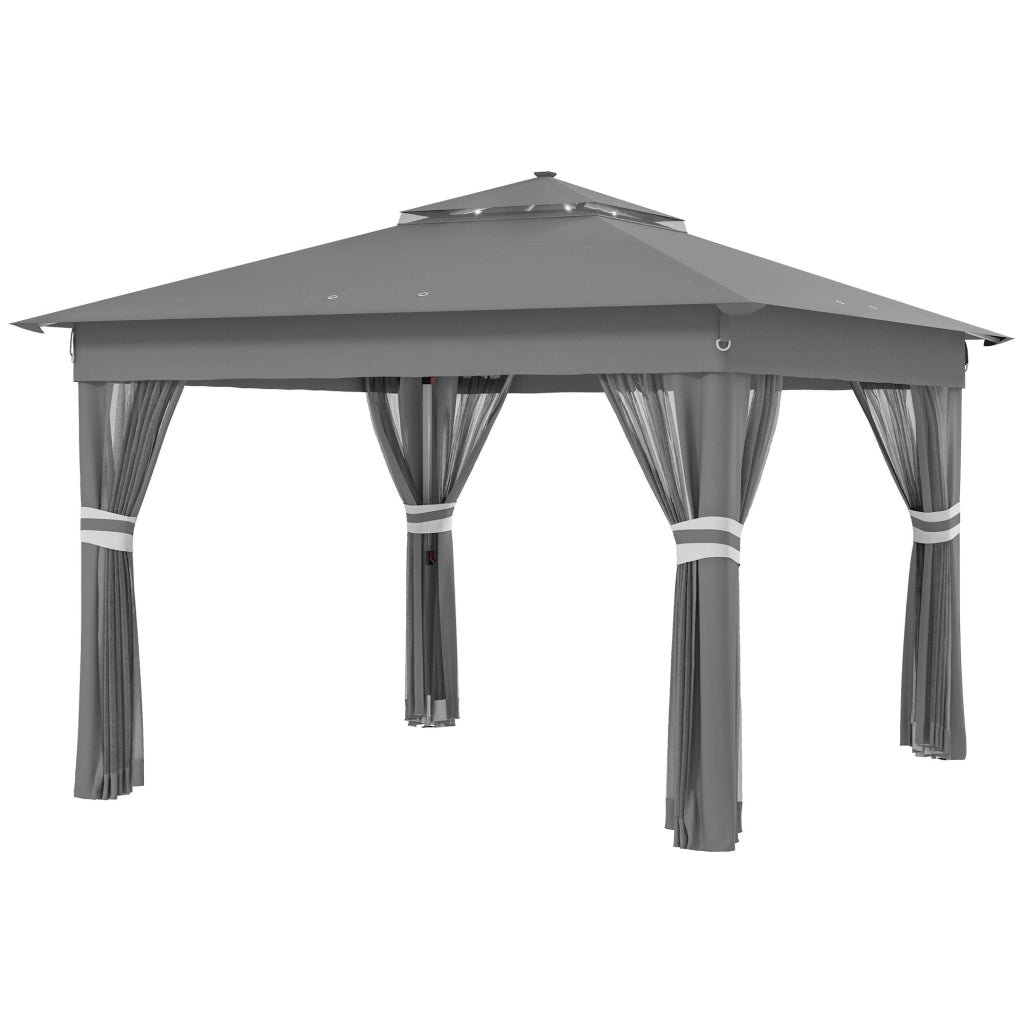 Gazebo da Giardino con Luci LED 336x336x250-270 cm in Acciaio e tessuto Oxford Grigio