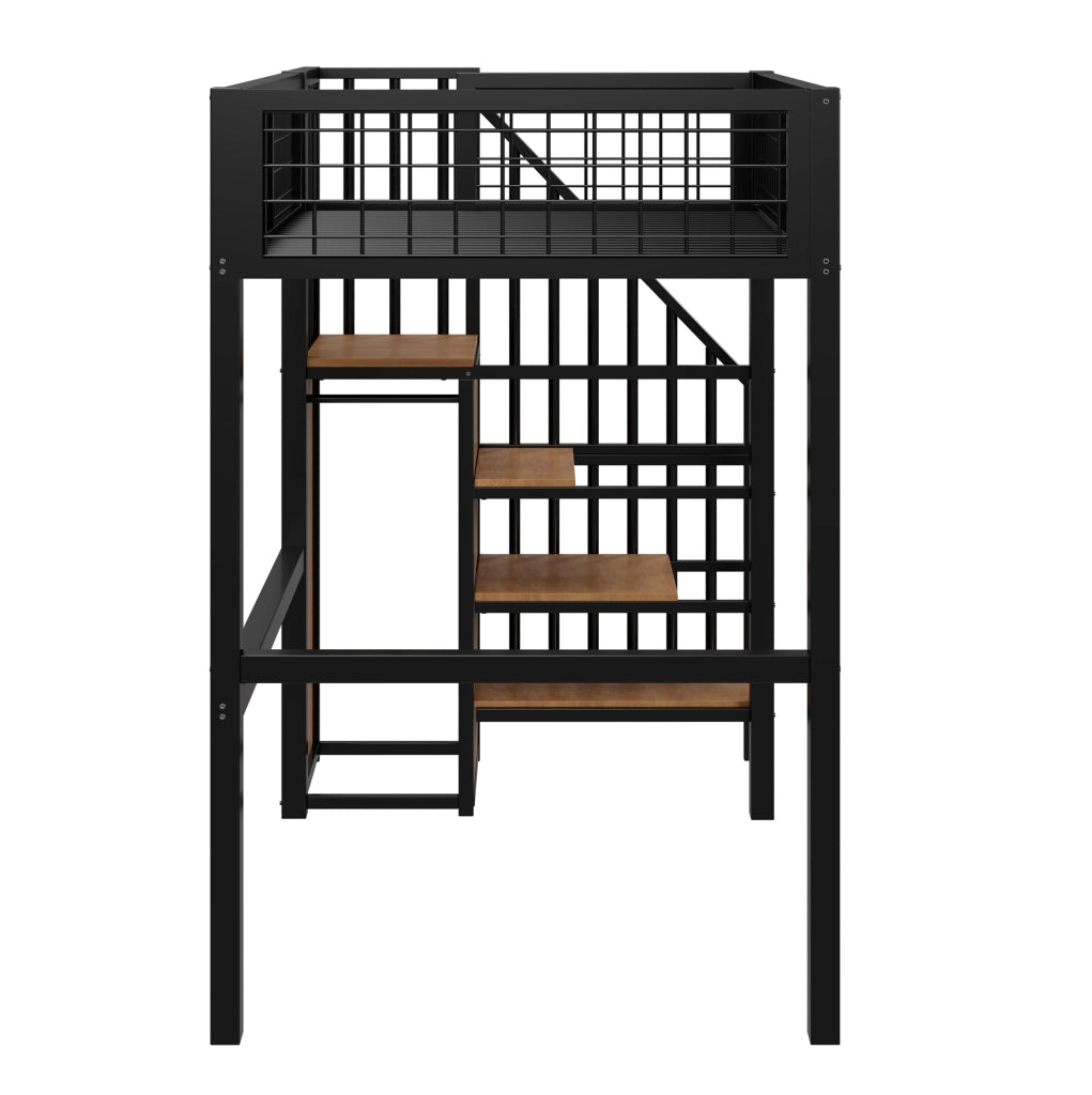 Letto a soppalco 90x200 cm con scala; armadio e ripiani in metallo e MDF; nero