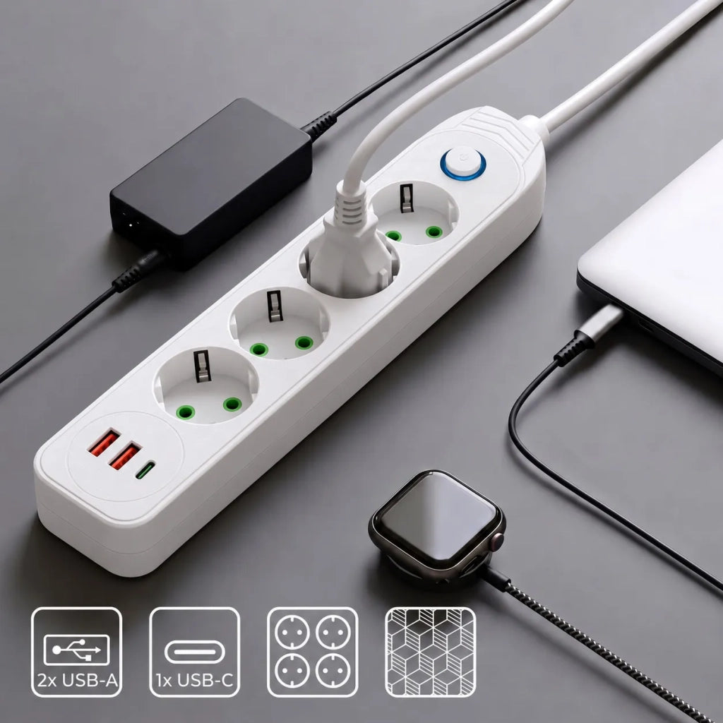 Multipresa Con Prolunga, 4 Prese + 2 Porte Usb-a + Usb-c Jnh025-4b White