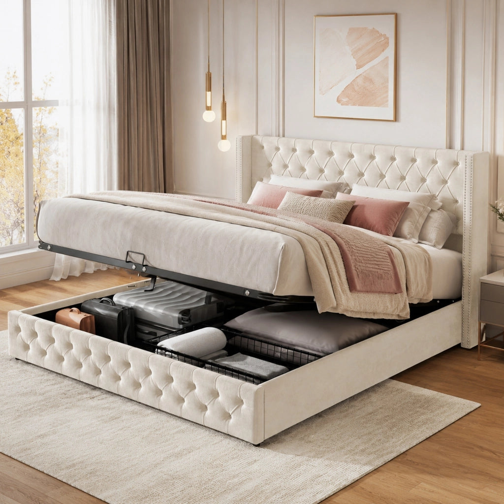 Letti contenitori 180x200 cm con contenitore; velluto beige (Senza materasso)