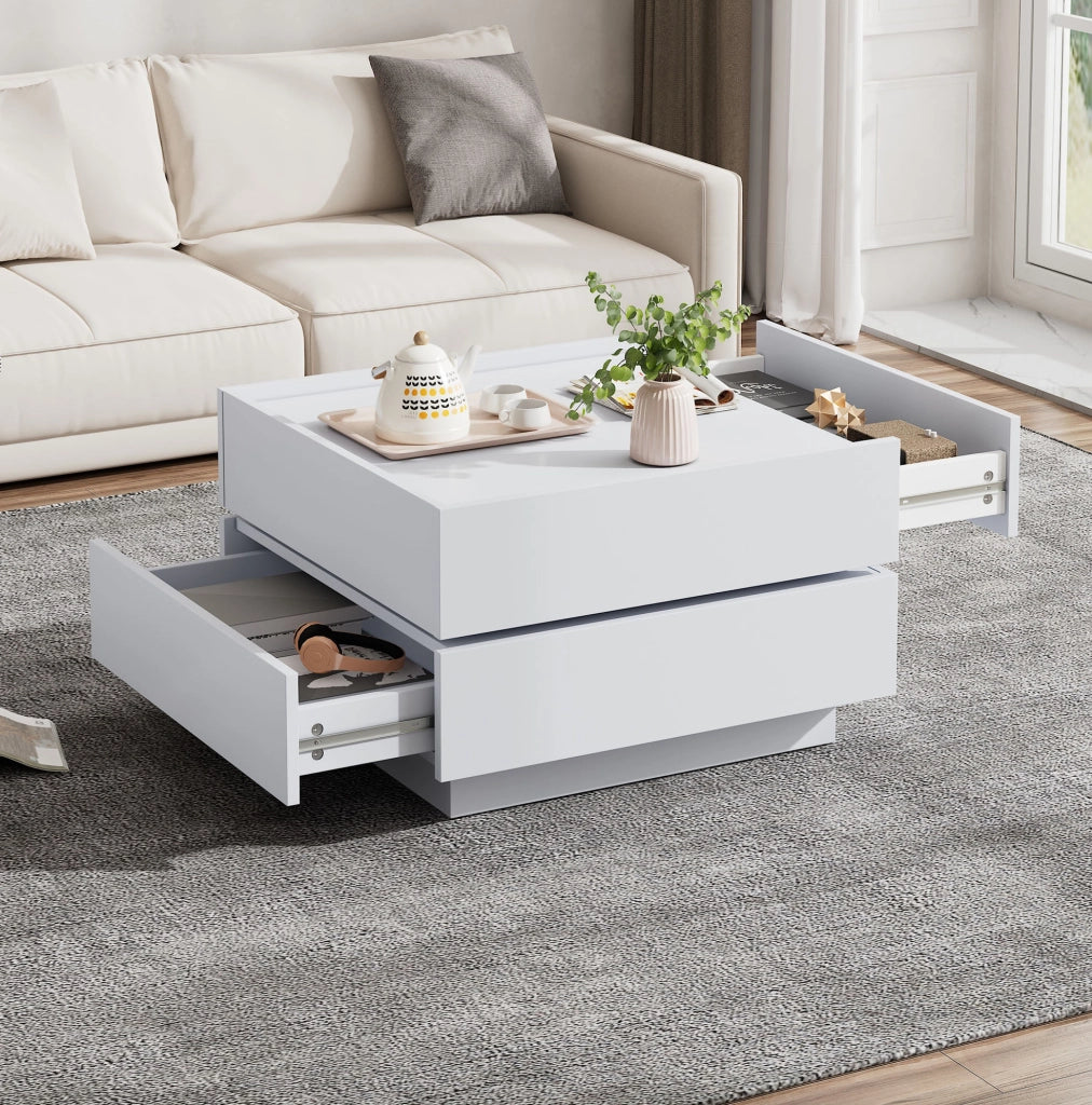 Tavolino da salotto girevole 360° 60 x 60 x 38 cm in truciolare bianco; con 2 cassetti
