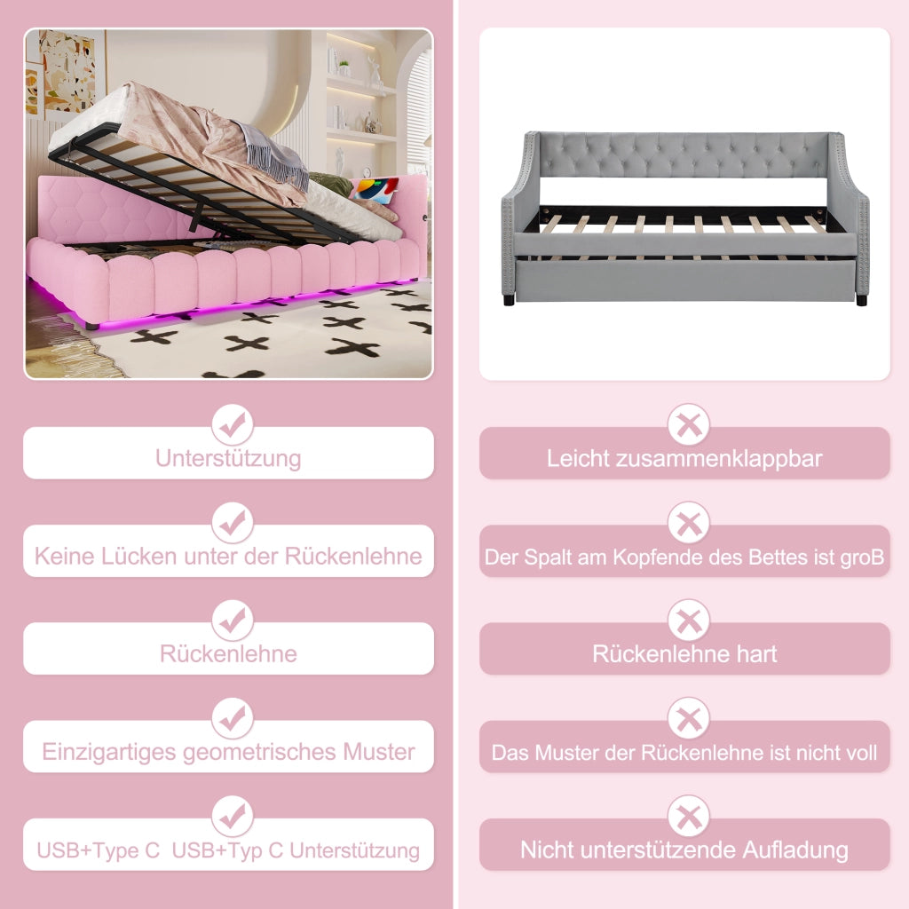 LETTO Daybed 140x200 cm Rosa con LED, USB, Tipo-C e vano contenitore