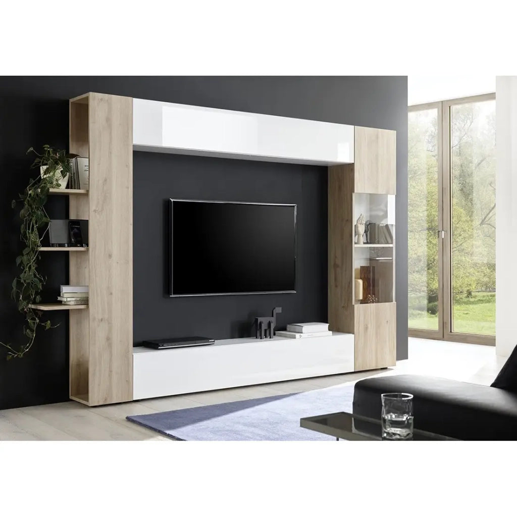 Composizione mobili soggiorno con contenitori, collezione VASCO, bianco laccato/quercia chiara