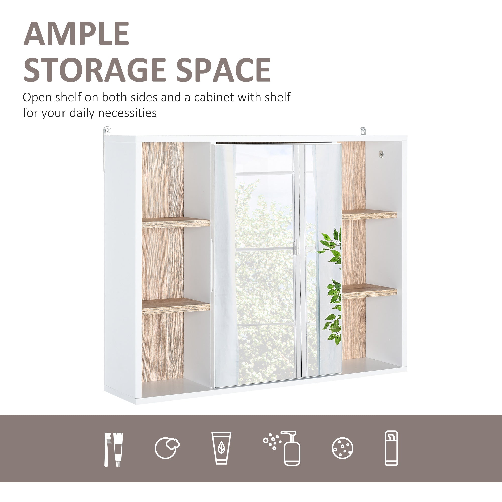 Specchio Armadietto da Bagno Pensile 60x14,5x49,4 cm in MDF e Truciolato Bianco e Legno Naturale