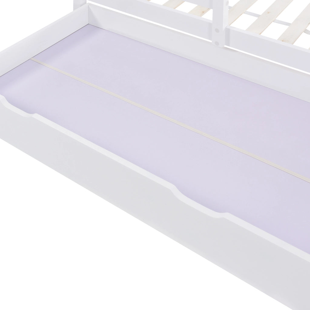 Letto a casetta per bambini 90x200 cm in legno massello bianco con lavagna e 2 cassetti