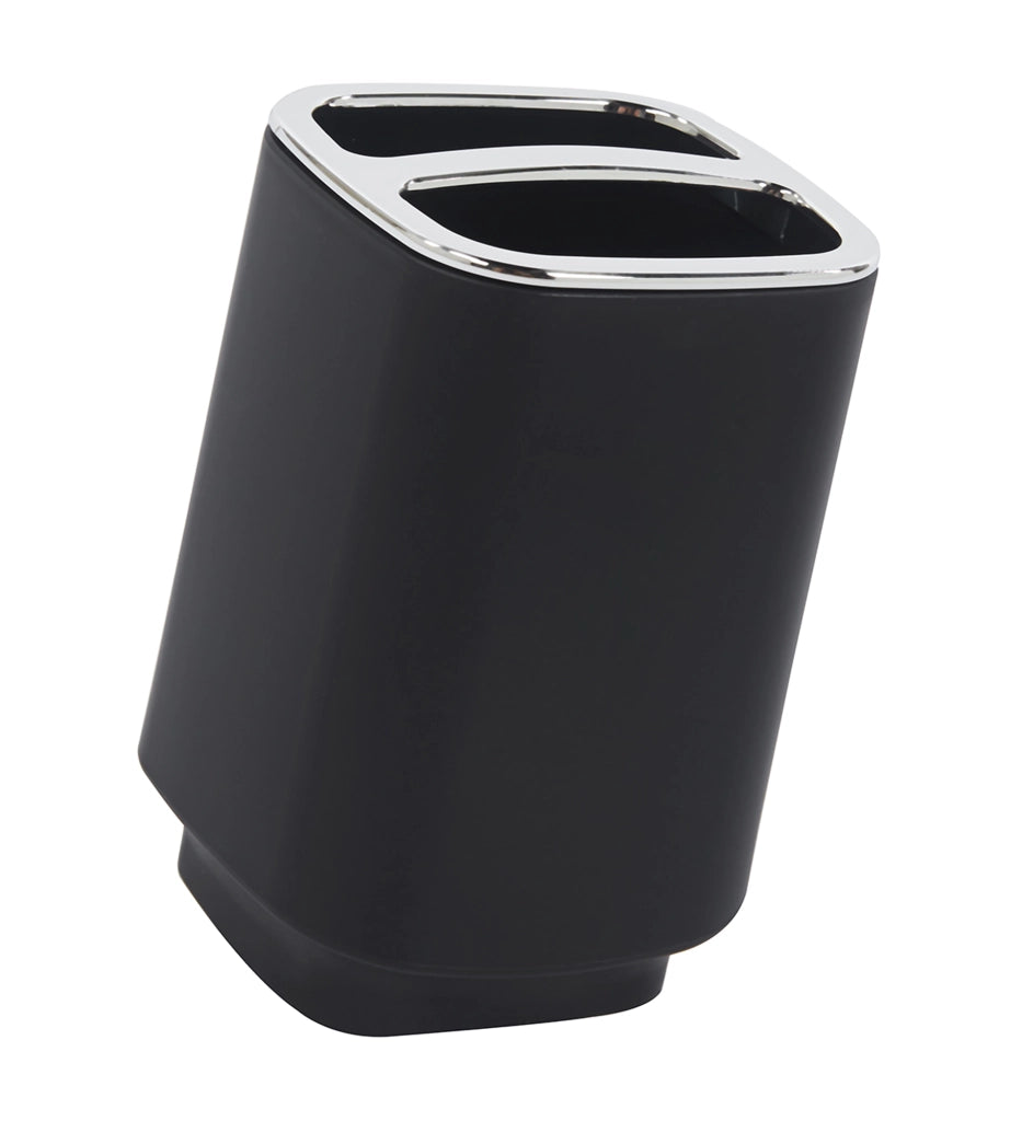 Set Completo Accessori Bagno 6 Pezzi Design Moderno In Plastica Resistente Con Finiture Lucide Incluso Cestino Pattumiera,Dispenser Sapone, PortaSaponetta, Porta Spazzolini, Portascopino - Nero