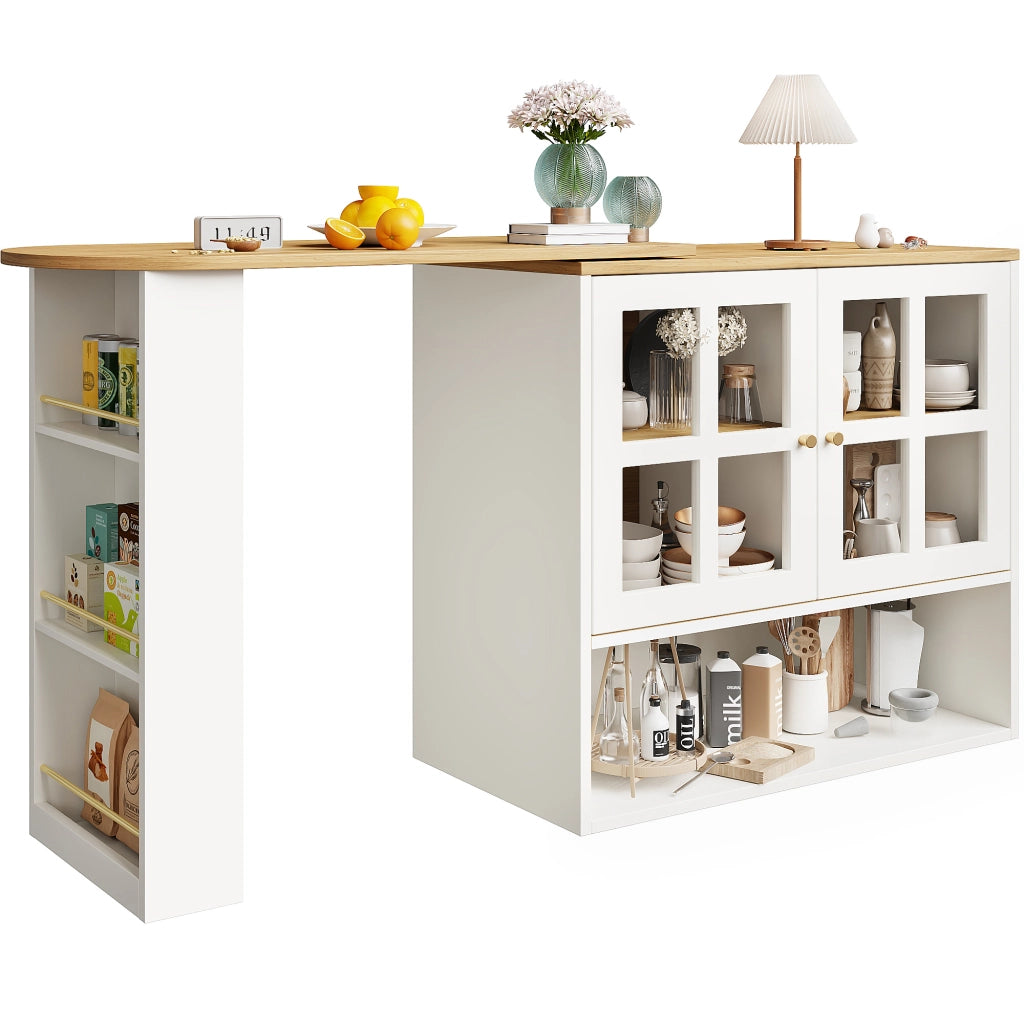 Mobile Bar con 2 Ante in Vetro; 5 Ripiani; Estensibile e Girevole a 360°; per Cucina Soggiorno; MDF; 138-204 x 39 x 102;5 cm; Bianco