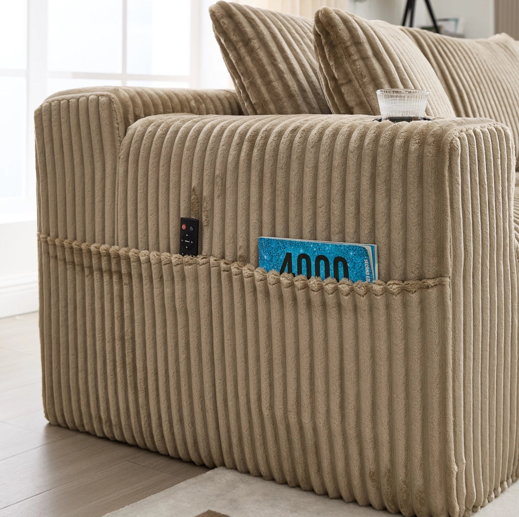 Divano modulare con chaise longue e 2 posti; rivestimento in velluto a coste color khaki; 257 cm