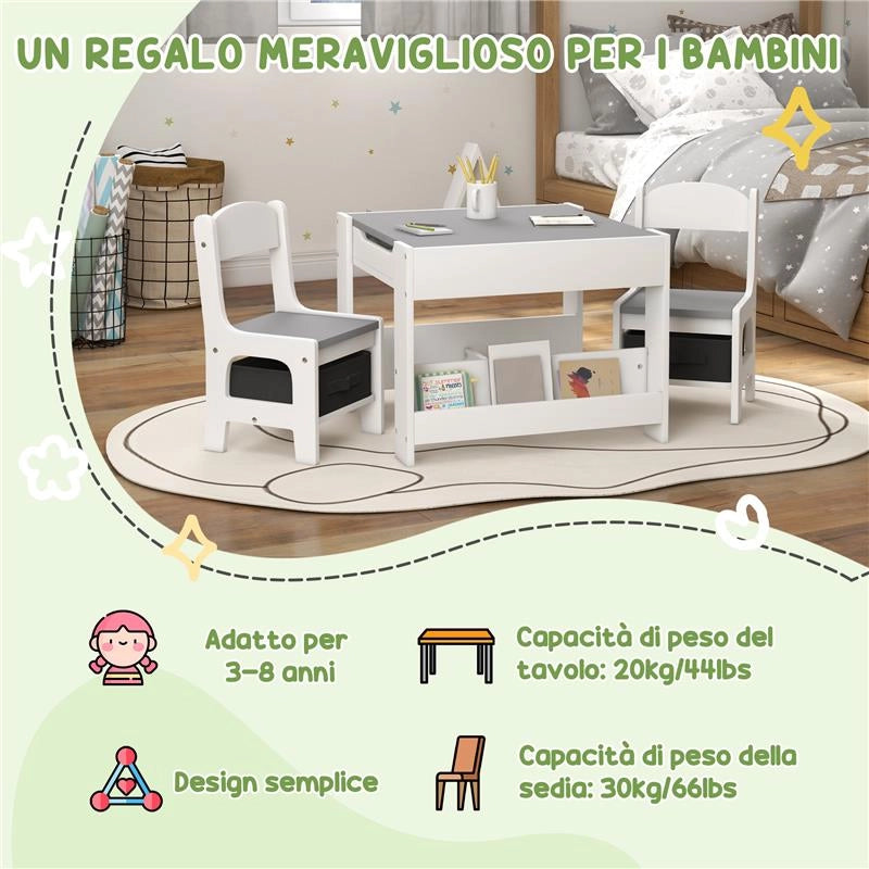 SET TAVOLINO PER BAMBINI E 2 SEDIE, PIANO DEL TAVOLO 2 IN 1 CON LAVAGNA E CONTENITORI, GRIGIO