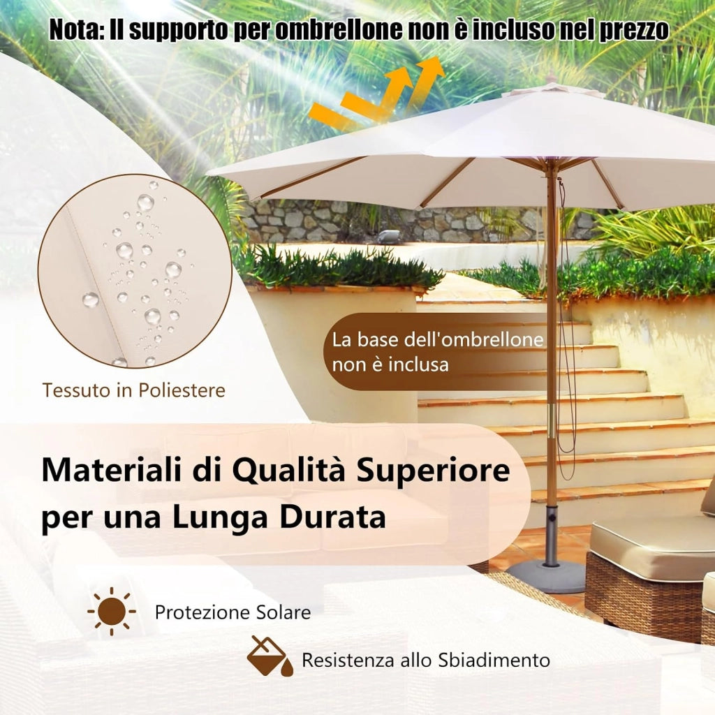 Ombrellone da Giardino 300 x 300 cm, Ombrellone Pieghevole con 8 Stecche di Bambù, 3 Altezze Regolabili, Ombrellone da Parasole Impermeabile, per Giardino Cortile Piscina (Beige)