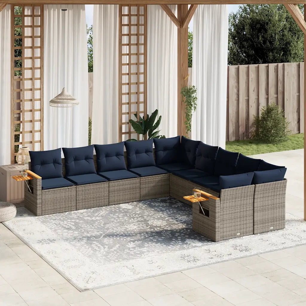 Set Divani da Giardino 10 pz con Cuscini Grigio in Polyrattan
