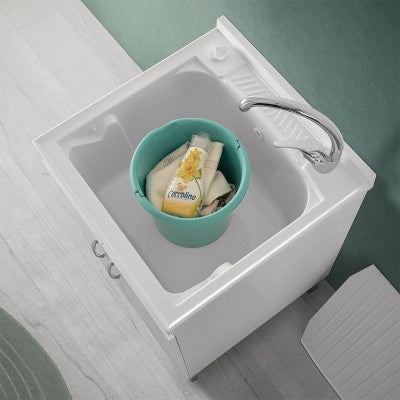 Mobile lavatoio 60x60 cm bianco con vasca asse lavapanni e kit di scarico
