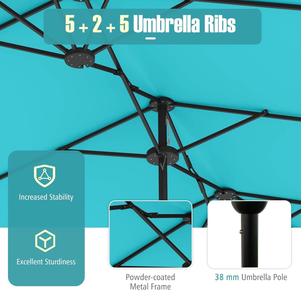 Ombrellone da Giardino Doppio 396x201cm, Ombrellone Rettangolare con Manovella e Base, Ombrellone da Balcone Grande Impermeabile, Ombrellone da Patio per Piscina, Terrazzo, Cortile